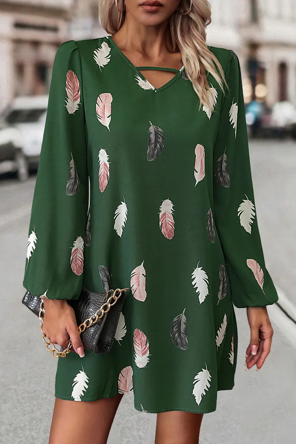 Feather Print V-Neck Dress - Trendsi - Flyclothing LLC