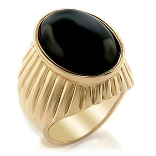 Alamode Gold Brass Ring with Semi-Precious Onyx in Jet - Alamode
