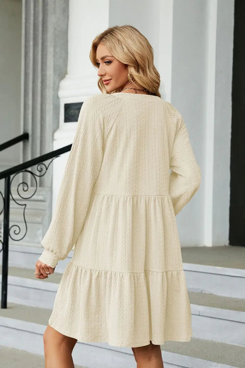Notched Neck Long Sleeve Mini Dress - Trendsi - Flyclothing LLC