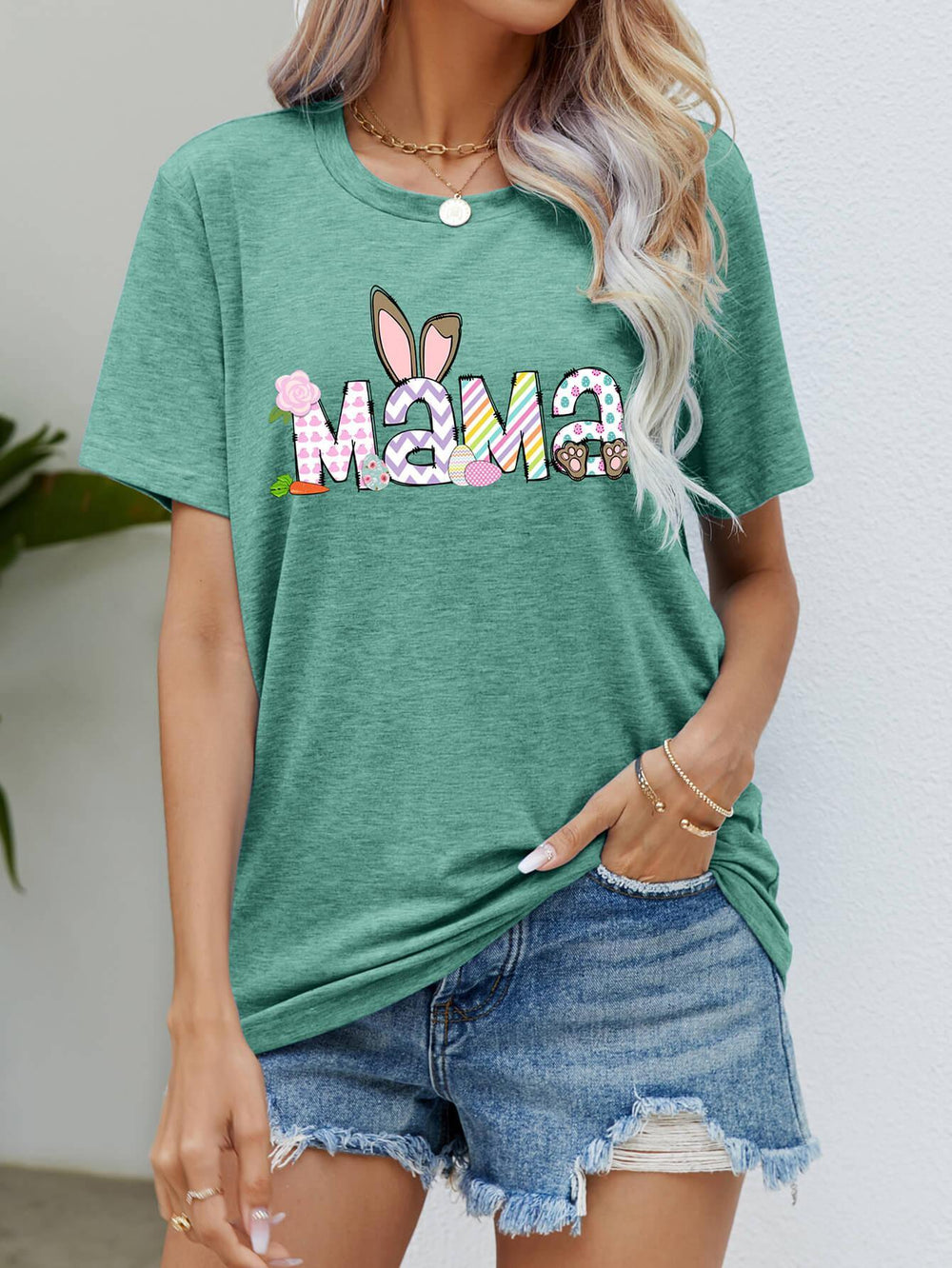 Easter MAMA Graphic Round Neck T-Shirt - Trendsi