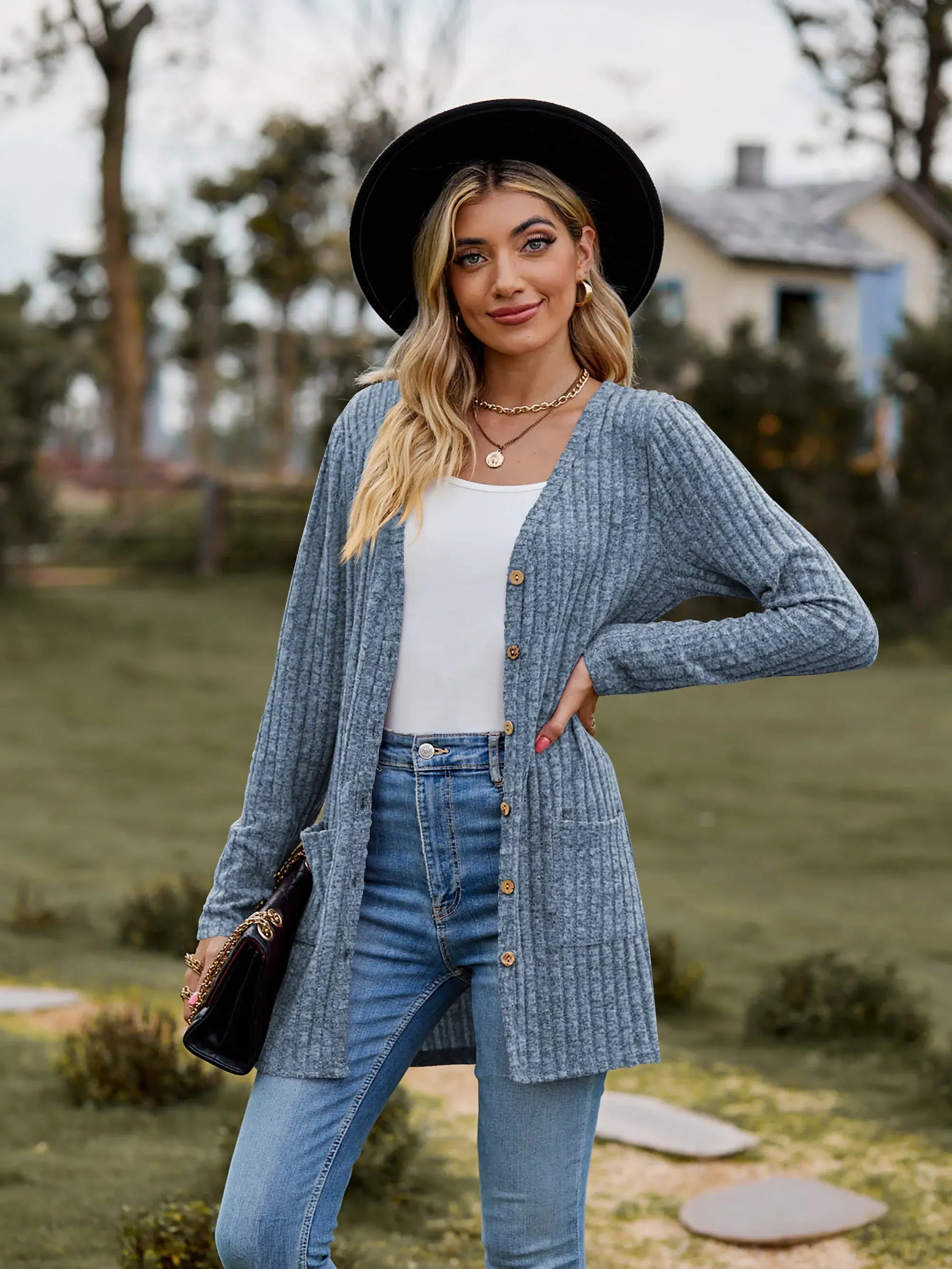 Ribbed Button-UP Caradigan with Pockets - Trendsi - Flyclothing LLC