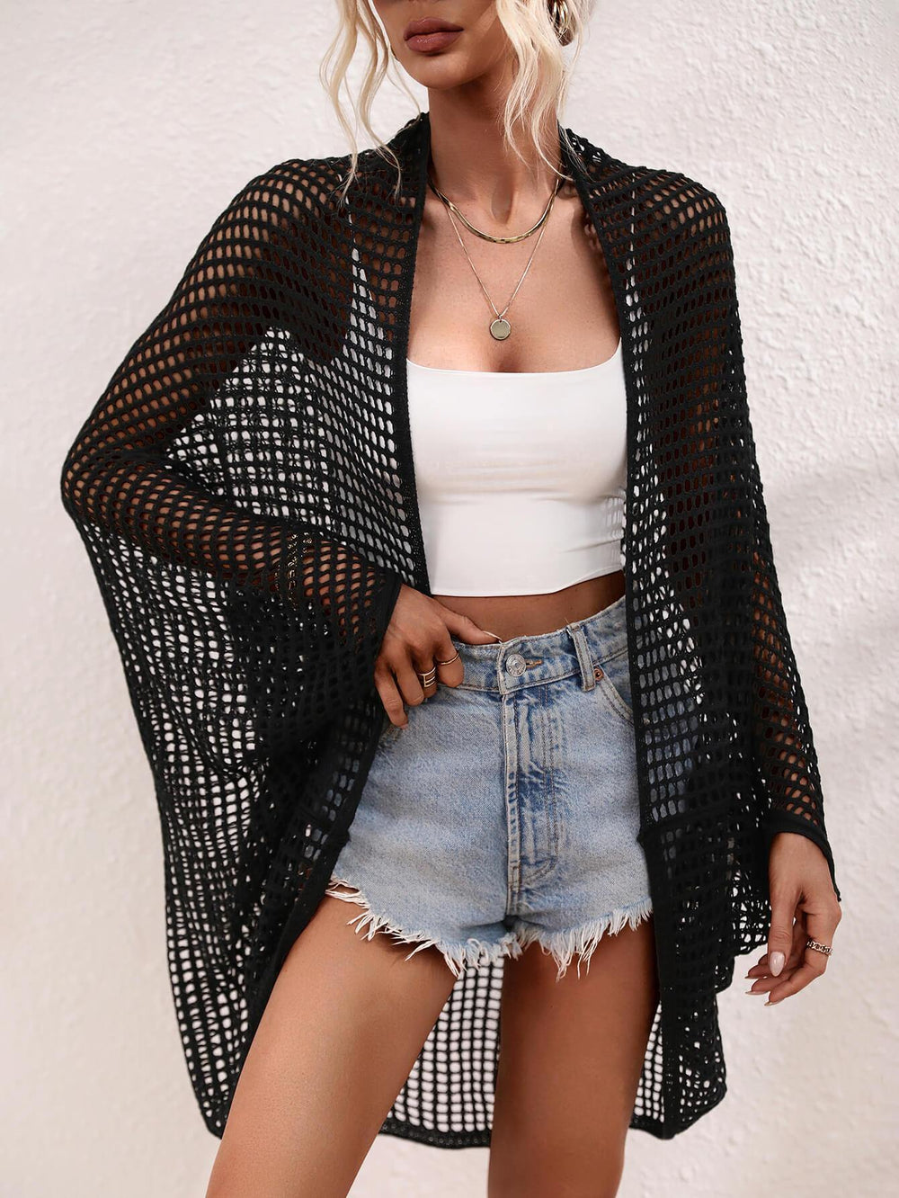 Openwork Open Front Longline Cover Up - Trendsi