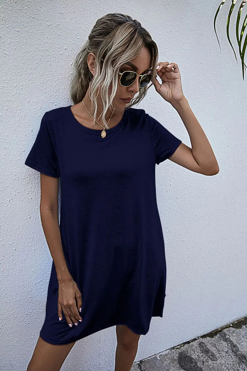 Round Neck Short Sleeve Mini Dress - Trendsi - Flyclothing LLC