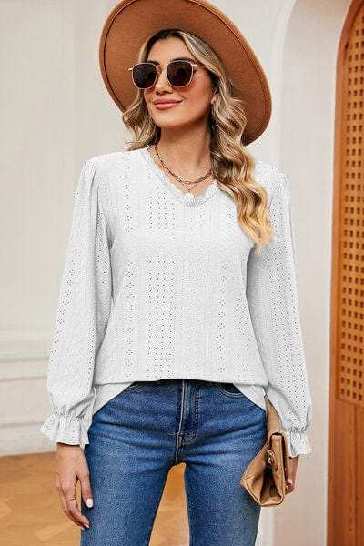 Eyelet V-Neck Flounce Sleeve T-Shirt - Trendsi - Flyclothing LLC