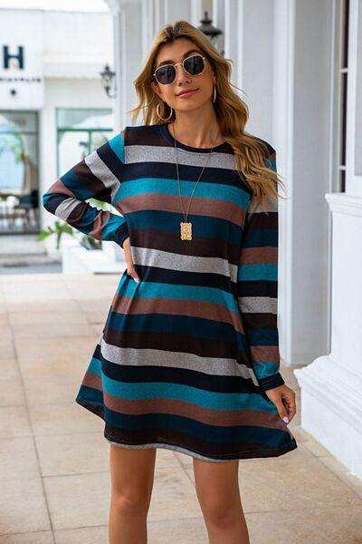 Striped Round Neck Long Sleeve Dress - Trendsi - Flyclothing LLC
