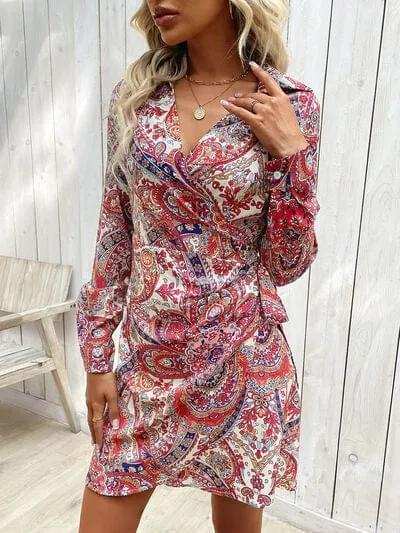 Tied Printed Long Sleeve Mini Dress - Trendsi - Flyclothing LLC