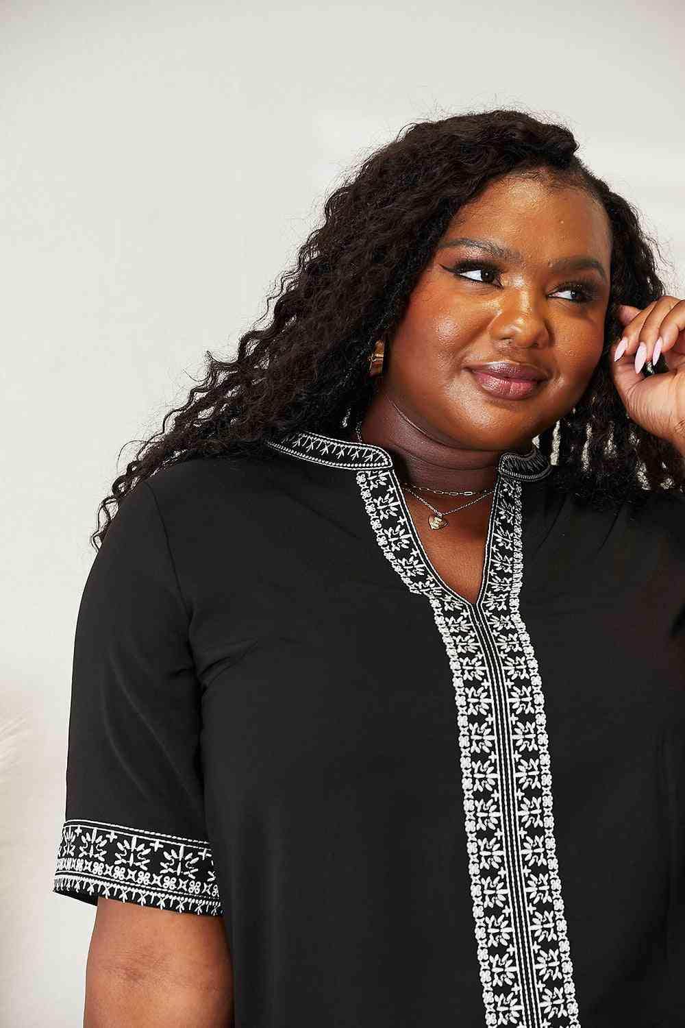 Double Take Embroidered Notched Neck Top - Trendsi - Flyclothing LLC