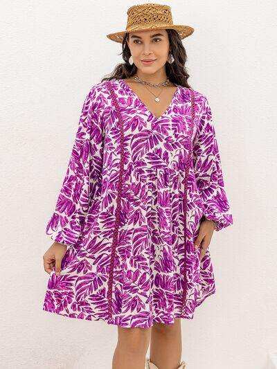 Plus Size Printed V-Neck Balloon Sleeve Mini Dress - Trendsi - Flyclothing LLC
