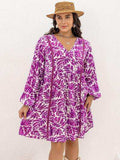 Plus Size Printed V-Neck Balloon Sleeve Mini Dress - Trendsi - Flyclothing LLC