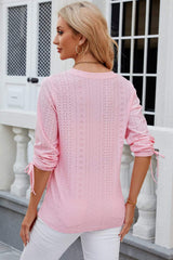 Eyelet Drawstring V-Neck Half Sleeve T-Shirt - Trendsi - Flyclothing LLC