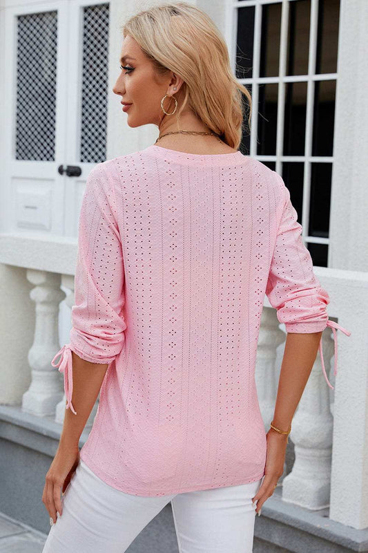 Eyelet Drawstring V-Neck Half Sleeve T-Shirt - Trendsi - Flyclothing LLC