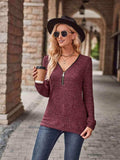 Half-Zip V-Neck Long Sleeve Top - Trendsi - Flyclothing LLC