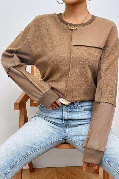 Exposed Seam Round Neck Long Sleeve Sweatshirt - Trendsi - Flyclothing LLC