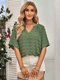 Swiss Dot Notched Neck Flare Sleeve Blouse - Trendsi - Flyclothing LLC