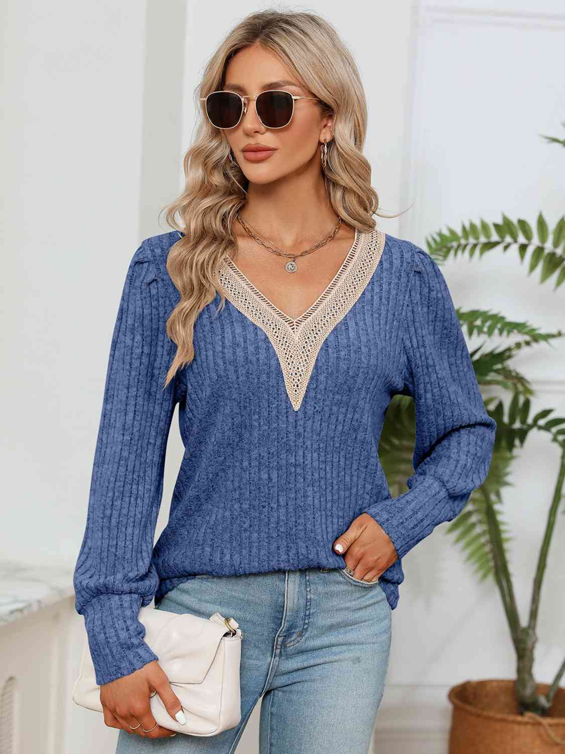 Lace Detail V-Neck Ribbed Blouse - Trendsi - Flyclothing LLC