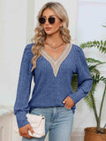 Lace Detail V-Neck Ribbed Blouse - Trendsi - Flyclothing LLC
