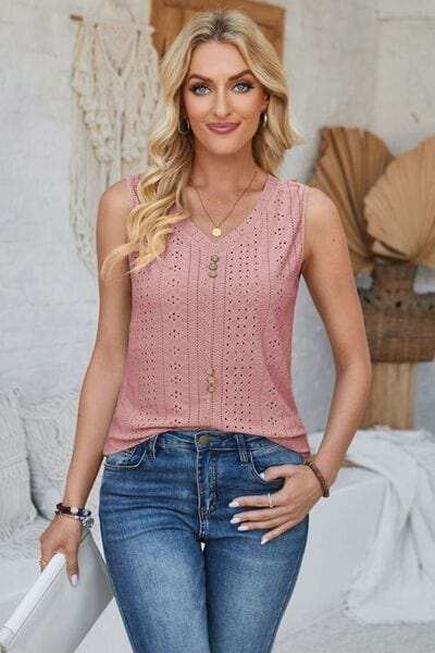 Eyelet Decorative Button V-Neck Tank - Trendsi - Flyclothing LLC