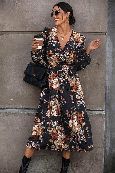 Floral Surplice Tie Front Ruffle Hem Midi Dress - Trendsi - Flyclothing LLC