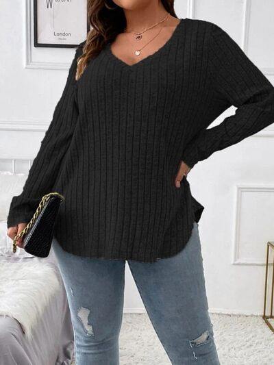 Plus Size V-Neck Long Sleeve T-Shirt - Trendsi