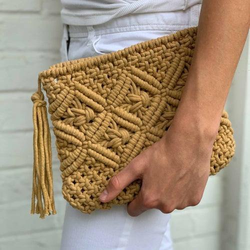 Macrame Clutch with Tassel, Tan - Flyclothing LLC