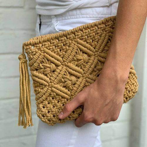 Macrame Clutch with Tassel, Tan - Beaurer Creations - Flyclothing LLC
