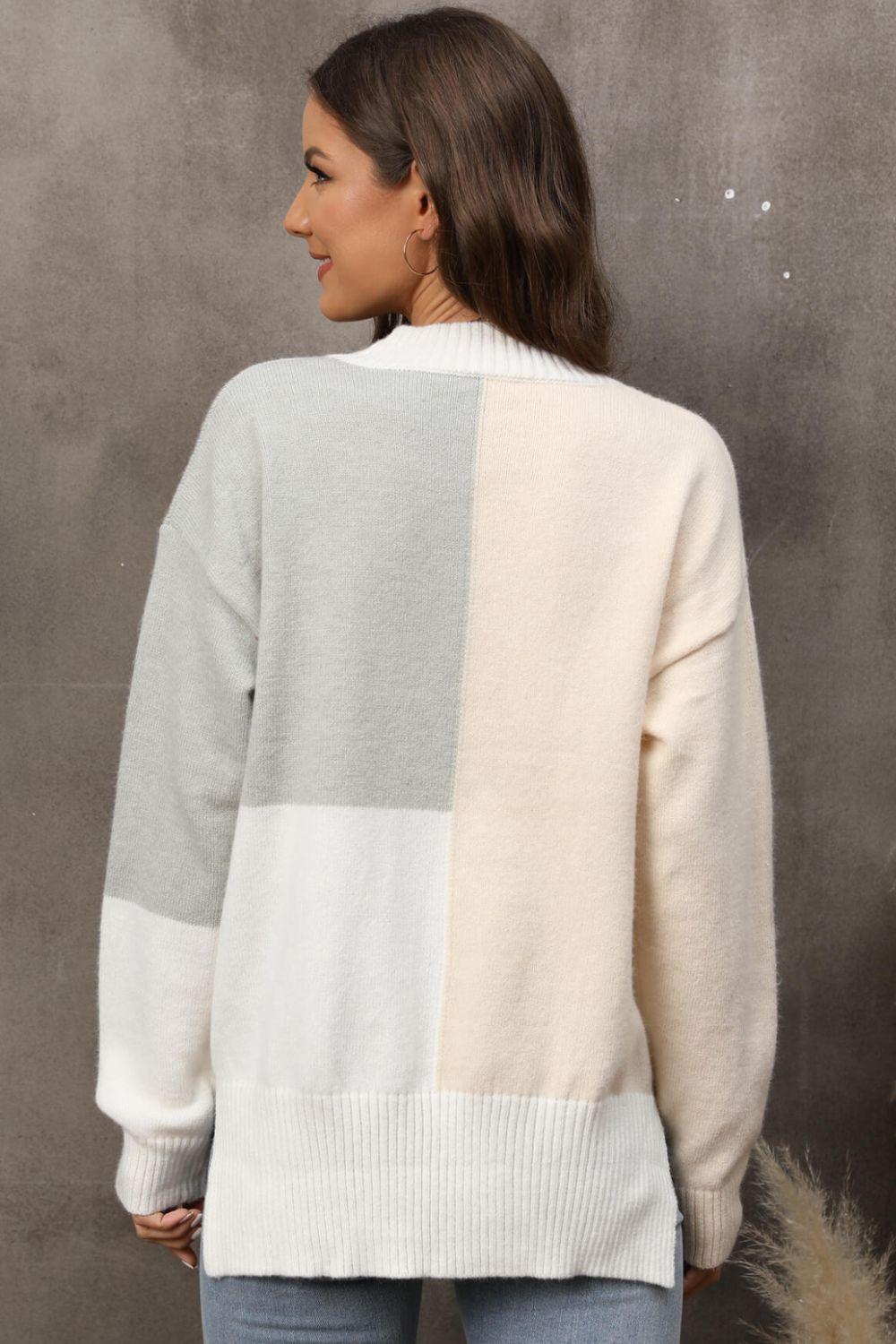 Color Block Crewneck Drop Shoulder Sweater - Flyclothing LLC