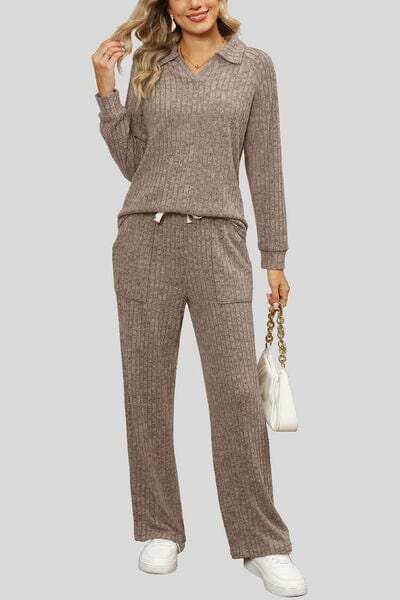 Ribbed Long Sleeve Top and Pocketed Pants Set - Trendsi - Flyclothing LLC