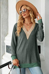 Slit V-Neck Long Sleeve T-Shirt - Trendsi - Flyclothing LLC