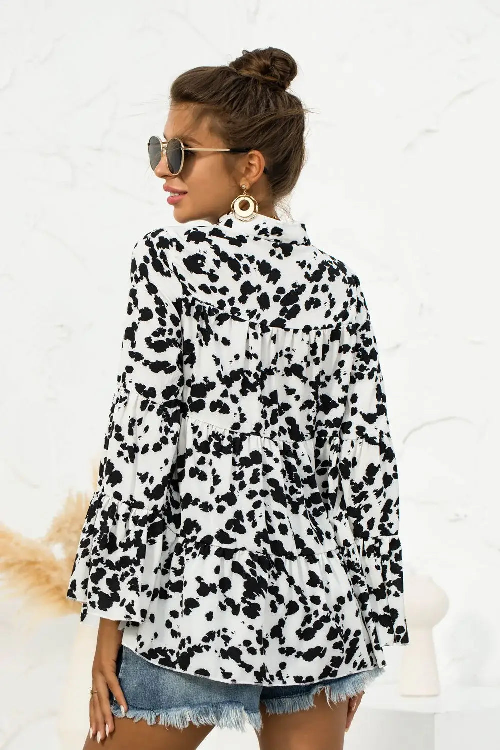 Printed Flare Sleeve Tie Neck Ruffle Trim Blouse - Trendsi - Flyclothing LLC