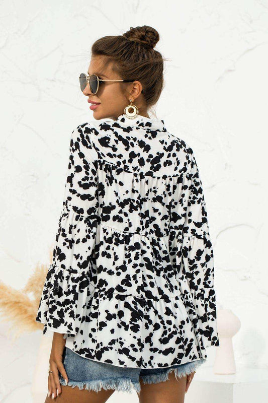 Printed Flare Sleeve Tie Neck Ruffle Trim Blouse - Trendsi - Flyclothing LLC