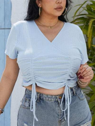 Plus Size Ruched Surplice Short Sleeve Blouse - Trendsi - Flyclothing LLC