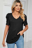 Heathered V-Neck Puff Sleeve T-Shirt - Trendsi - Flyclothing LLC
