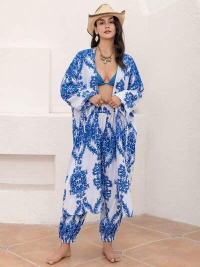 Printed Open Front Top and Pants Set - Trendsi - Flyclothing LLC