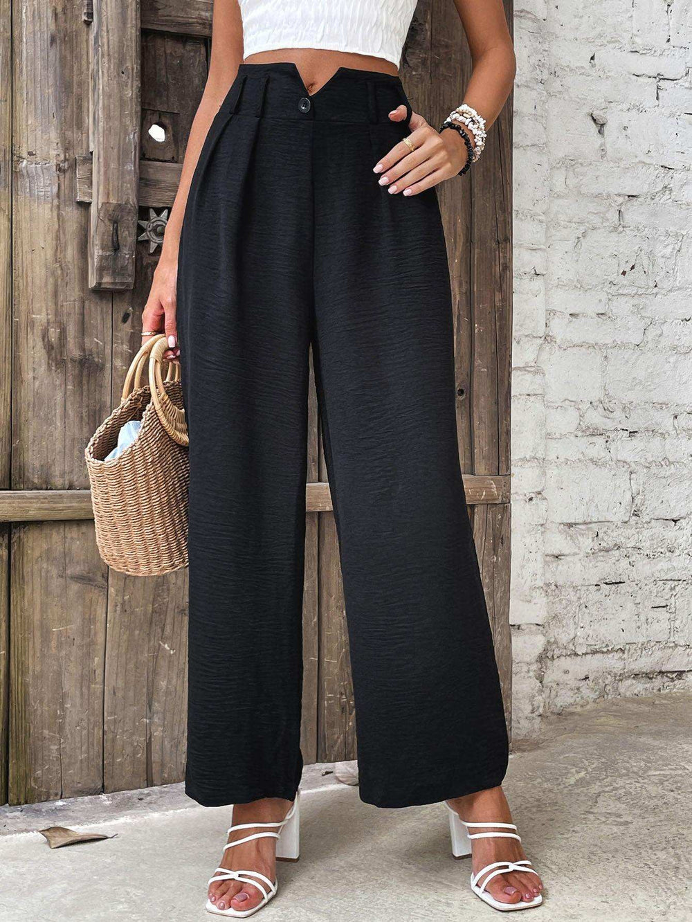 Ruched High Waist Straight Leg Pants - Trendsi - Flyclothing LLC