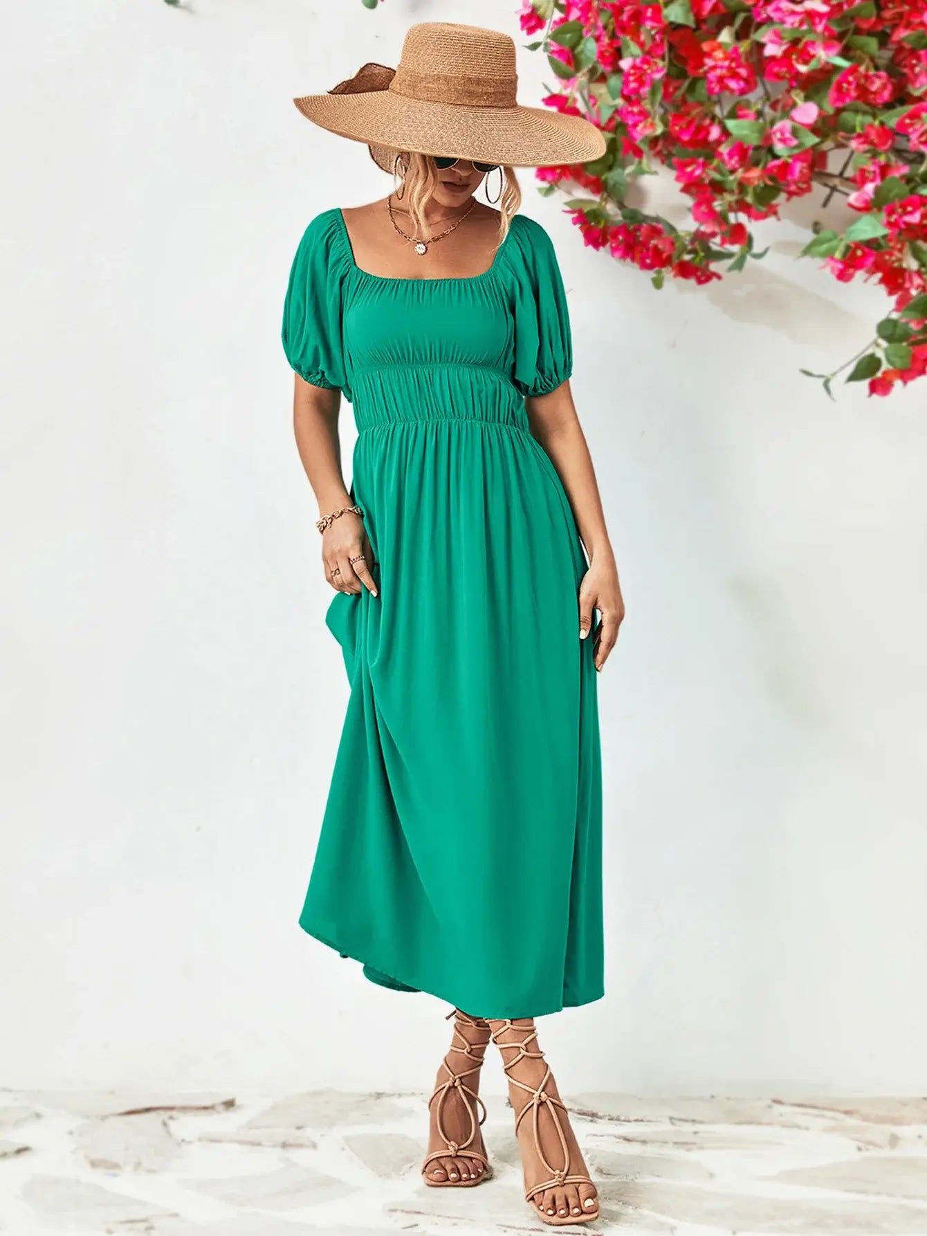 Off-Shoulder Balloon Sleeve Midi Dress - Trendsi - Flyclothing LLC