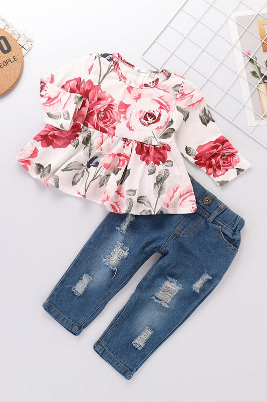 Girls Floral Babydoll Top and Jeans Set - Flyclothing LLC