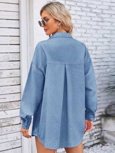 Pocketed Snap Down Dropped Shoulder Denim Shacket - Trendsi - Flyclothing LLC