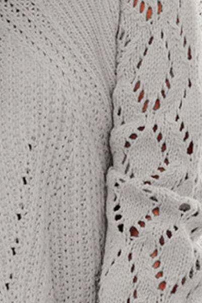 Openwork Round Neck Lantern Sleeve Sweater - Trendsi
