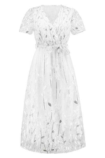 Sequin Leaf Embroidery Tie Front Short Sleeve Dress - Trendsi - Flyclothing LLC