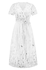 Sequin Leaf Embroidery Tie Front Short Sleeve Dress - Trendsi