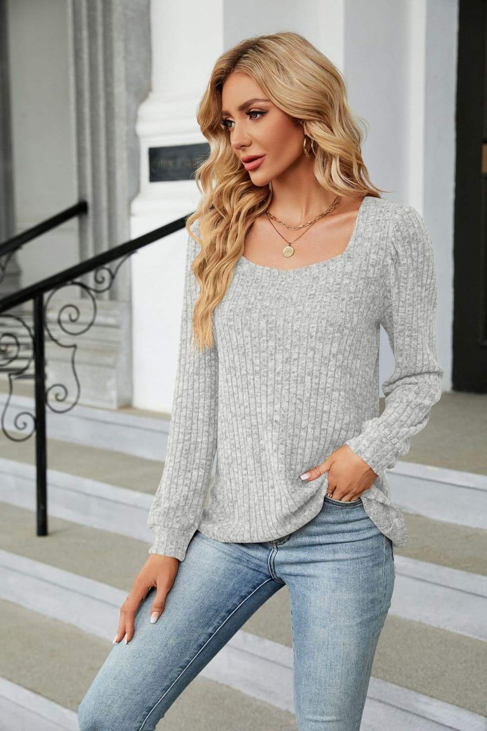 Ribbed Square Neck Long Sleeve T-Shirt - Trendsi - Flyclothing LLC