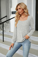 Ribbed Square Neck Long Sleeve T-Shirt - Trendsi