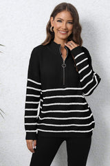 Mock Neck Long Sleeve Zip-Up Sweater - Trendsi - Flyclothing LLC