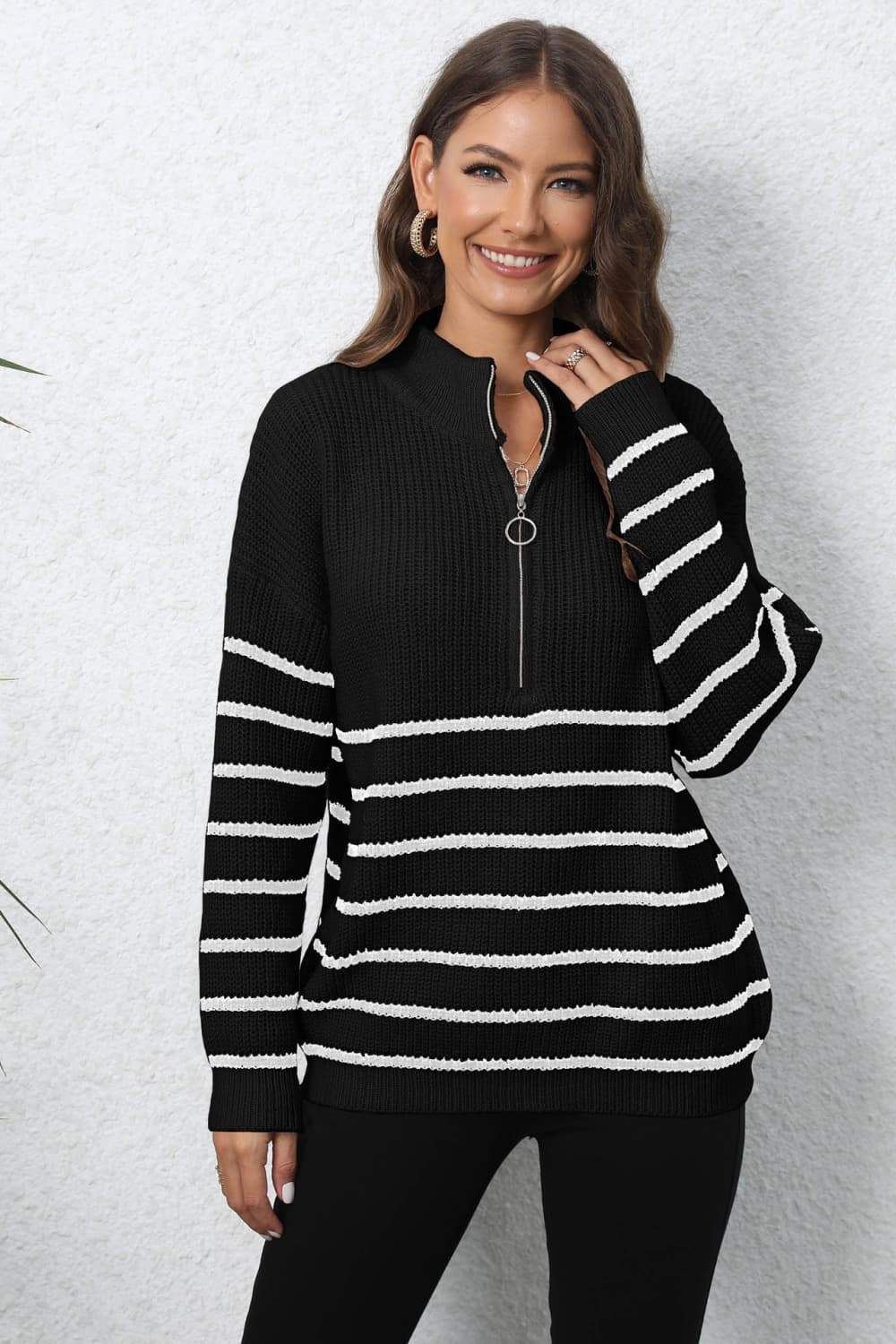 Mock Neck Long Sleeve Zip-Up Sweater - Trendsi - Flyclothing LLC