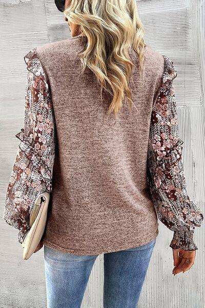 Heathered Floral Frill Lantern Sleeve Blouse - Trendsi - Flyclothing LLC