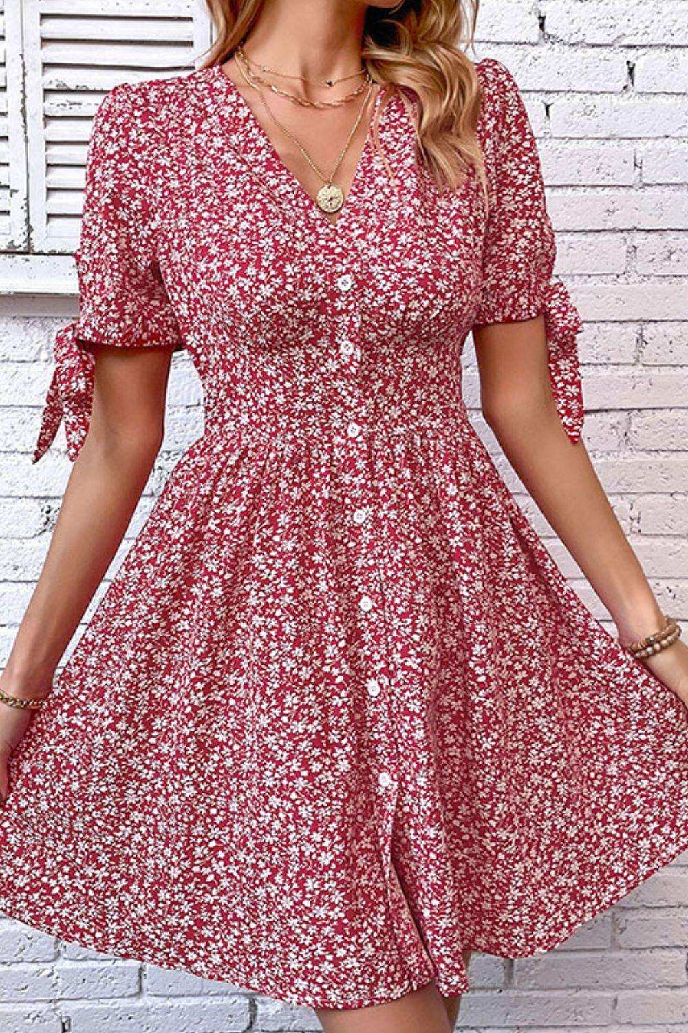 Ditsy Floral Tied Puff Sleeve Button Front Dress - Trendsi - Flyclothing LLC