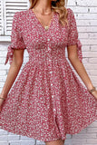 Ditsy Floral Tied Puff Sleeve Button Front Dress - Trendsi