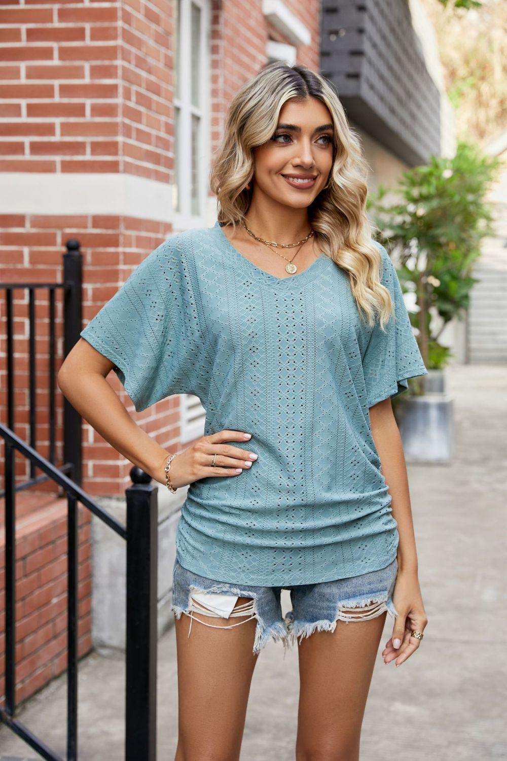 Flutter Sleeve Eyelet Gathered Detail Top - Trendsi - Flyclothing LLC