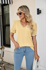 Eyelet Flounce Sleeve Scalloped V-Neck Top - Trendsi - Flyclothing LLC