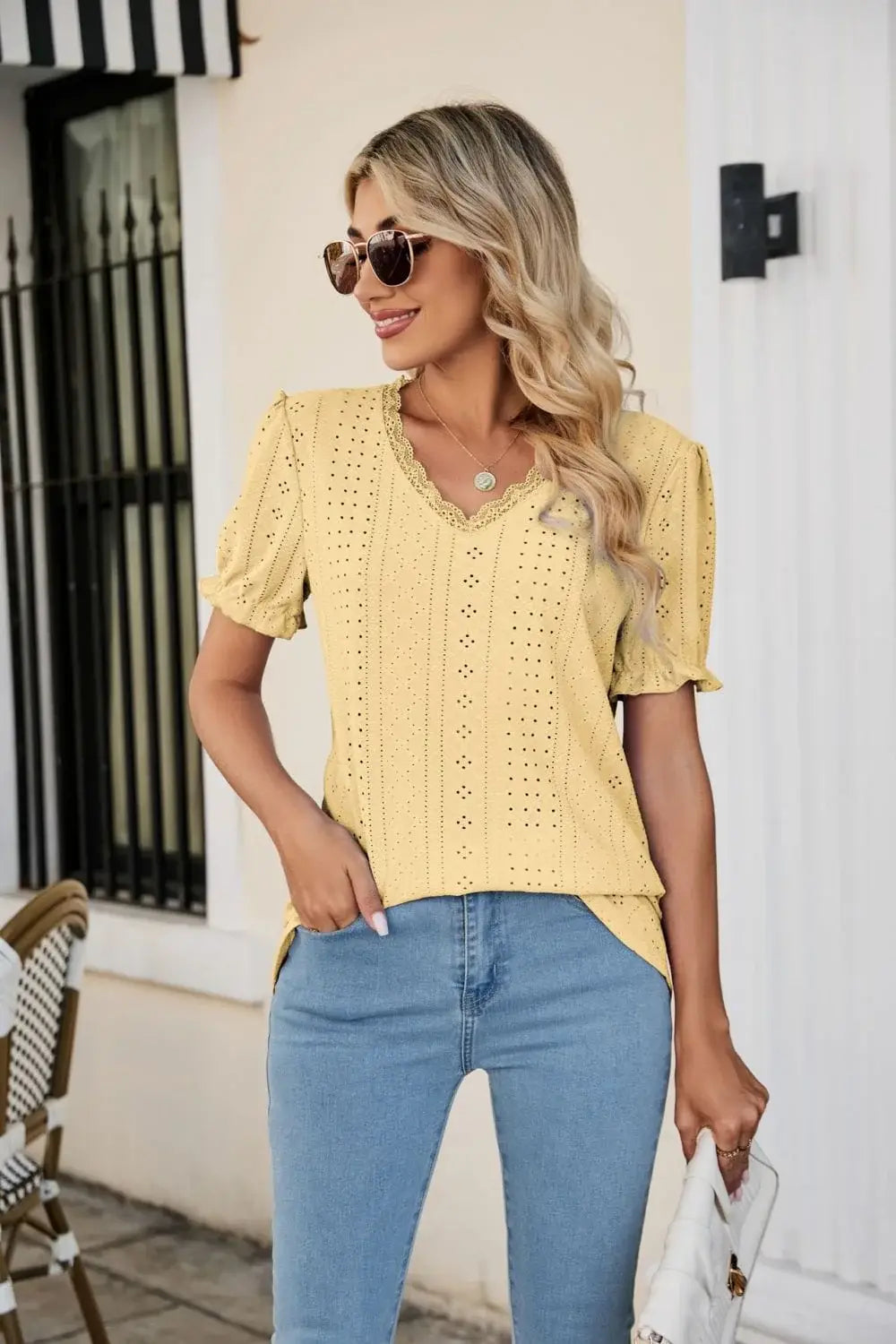 Eyelet Flounce Sleeve Scalloped V-Neck Top - Trendsi - Flyclothing LLC